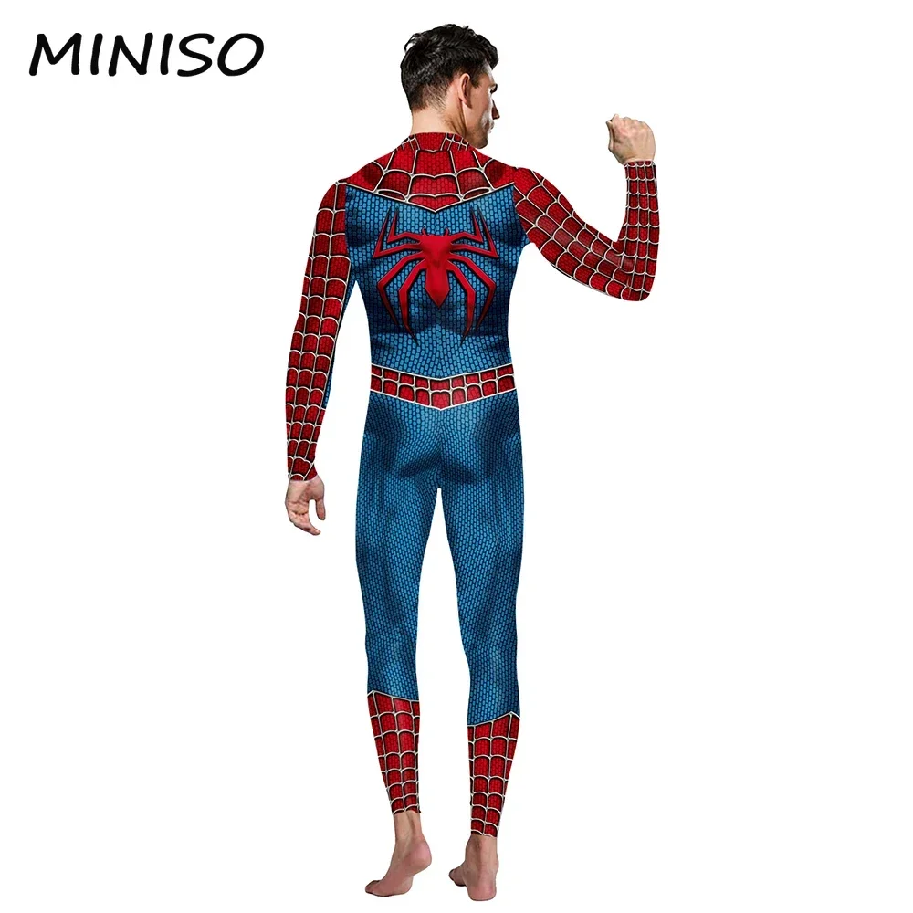 MINISO-Costume de cosplay à motif d'araignée imprimé pour homme, costume de batterie Zentai, combinaison à fermeture éclair au dos, costume de héros souriant, spectacle sur scène d'Halloween, film