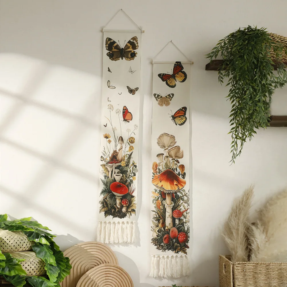 

90cm Long Hand Woven Butterfly Printed Tassel Tapestry Decorative Wall Hanging Studio Bedroom Living Room Background Wall Cloth