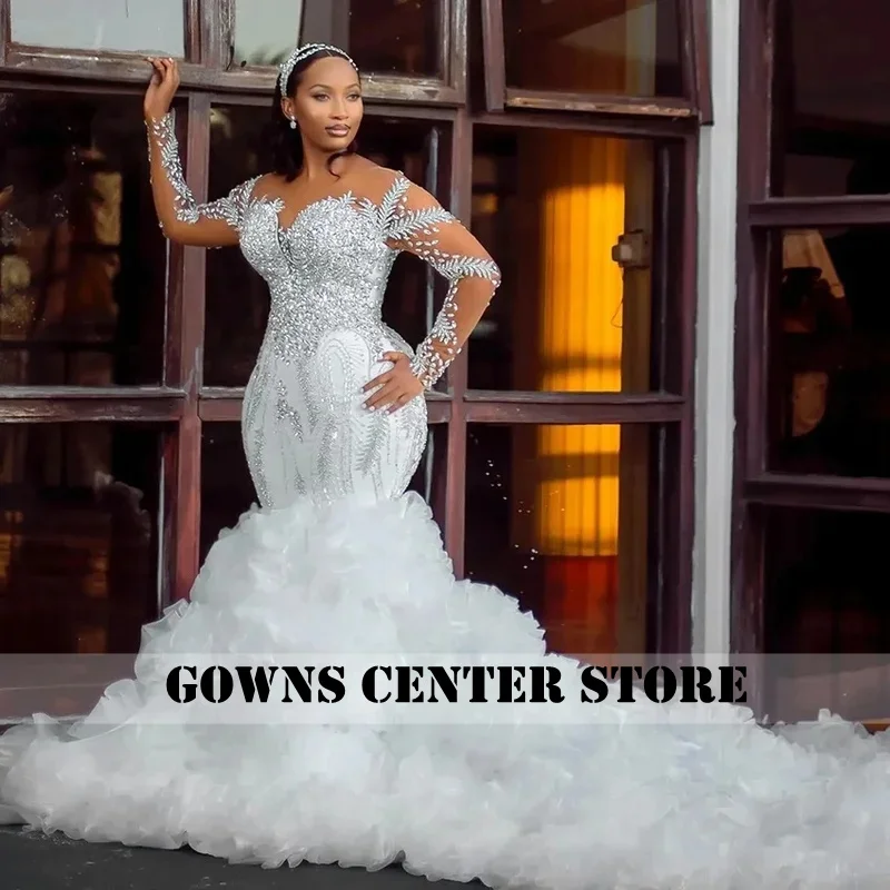 Customized African Elegant Ruffled Mermaid Wedding Dress 2025 New Thick Crystal Beaded Dream Sleeve High Quality Wedding Dress