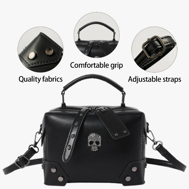 PU Leather Small Shoulder Handbag Gothic Punk Skull Crosses Chain Crossbody Bag Purse with Top Handle for Daily Use Dropship