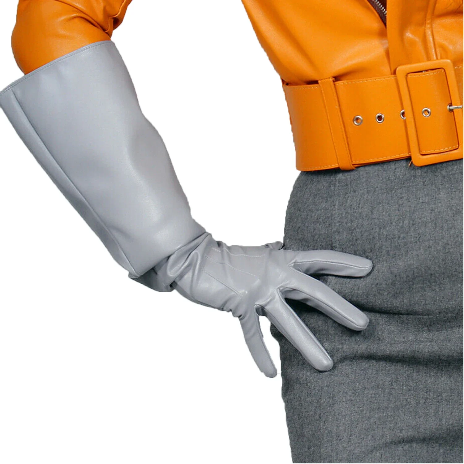 DooWay للجنسين رمادي جلد قفازات كبيرة الحجم الكوع طويلة نفخة الأكمام فو الجلود تأثيري خلع الملابس فنجر أوبرا نادي قفازات الحفلات #1