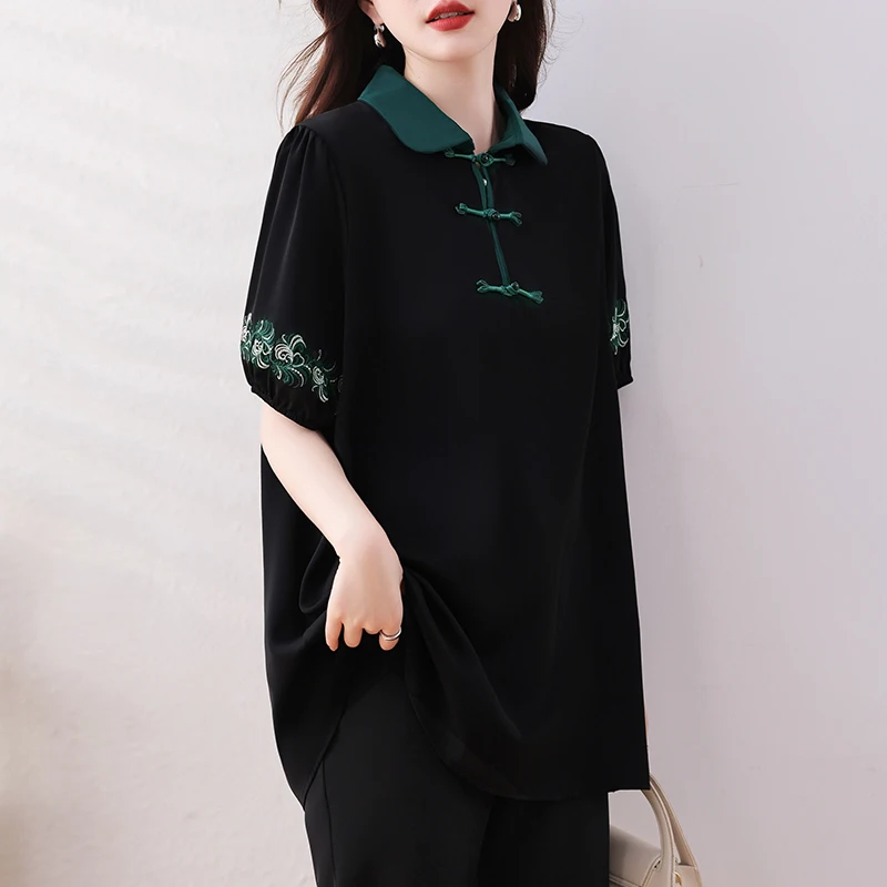 #2838 Summer Black Vintage Blouse Women Polo Collar Buttons Chinese Style Short Sleeve Blouse Female Loose Elegant