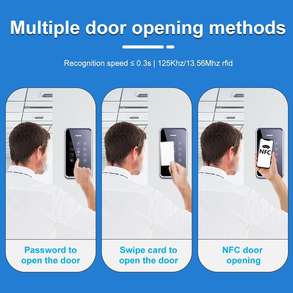 1000Users NFC Access Control Keypad Waterproof Backlight Touch Screen 125Khz+13.56Mhz RFID Proximity Card Password Unlock Reader