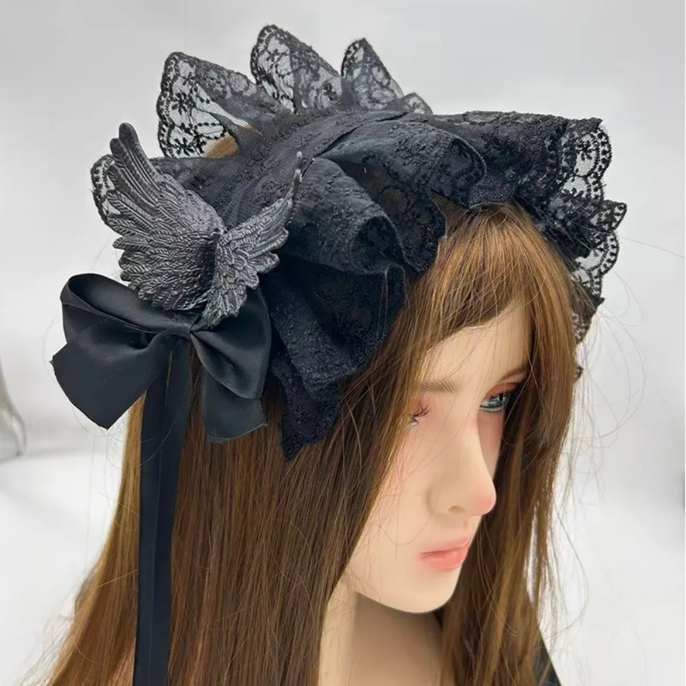New Lace Lolita Wing Angel Headband Gothic Ribbon Bowknot Cosplay Headdress Sweet Head Wrap Hair Accessories