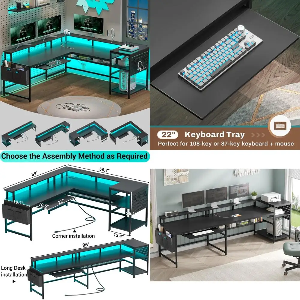 

Reversible L-Shaped Gaming Desk with LED Strip, Power Outlets, Monitor Shelf, and Keyboard Tray