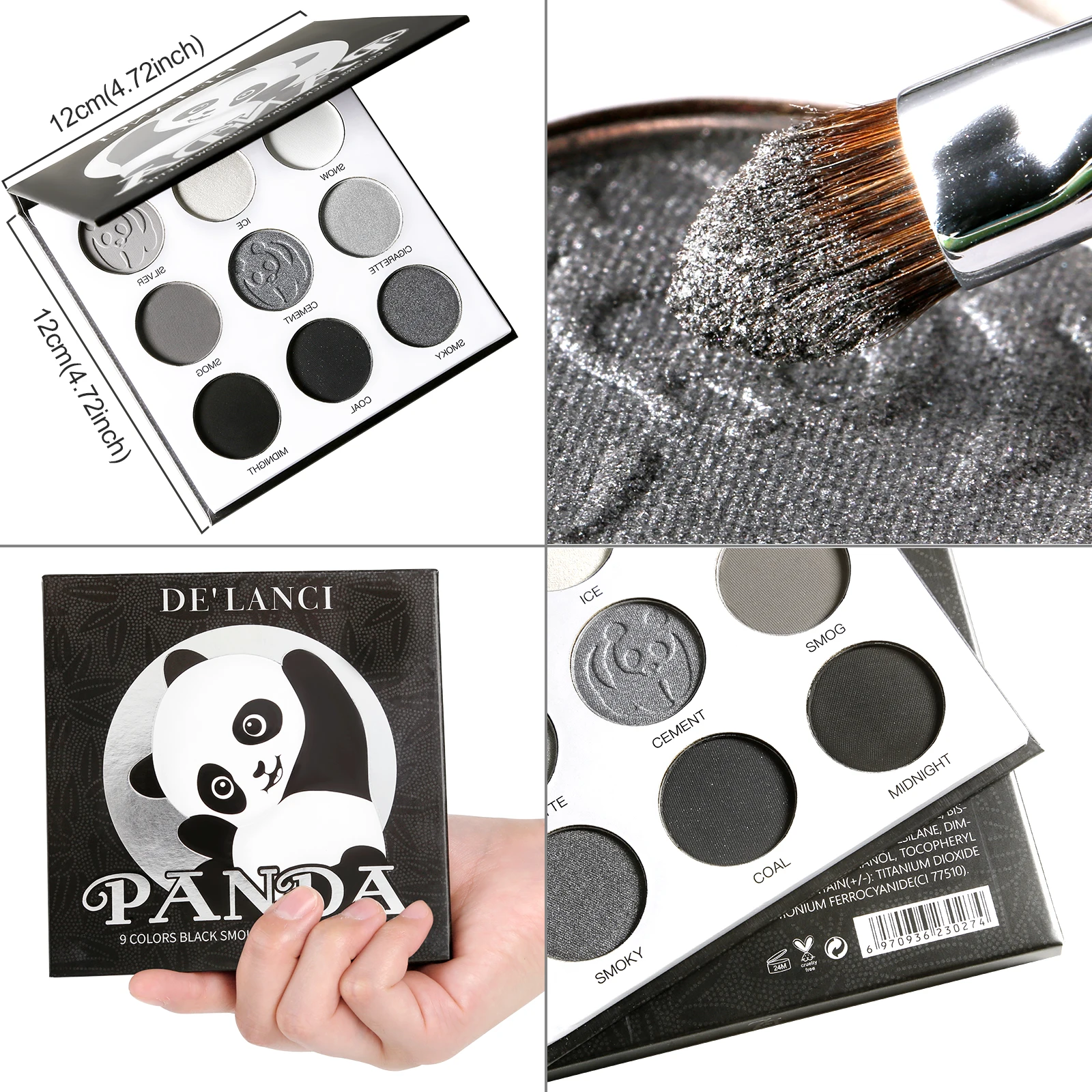 Black White Grey Eyeshadow Palette,DE’LANCI PANDA 9 Colors Silver Pigmented for Halloween SFX Makeup,Mini Smoky Eyeshadow Pallet