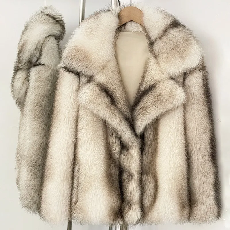 2026 Fashion Faux Fur Short Coat Women's Winter Fox Fur Overcoat Thicken Wide Lapel Jackets Streetwear Lady Stripe Furry Coats