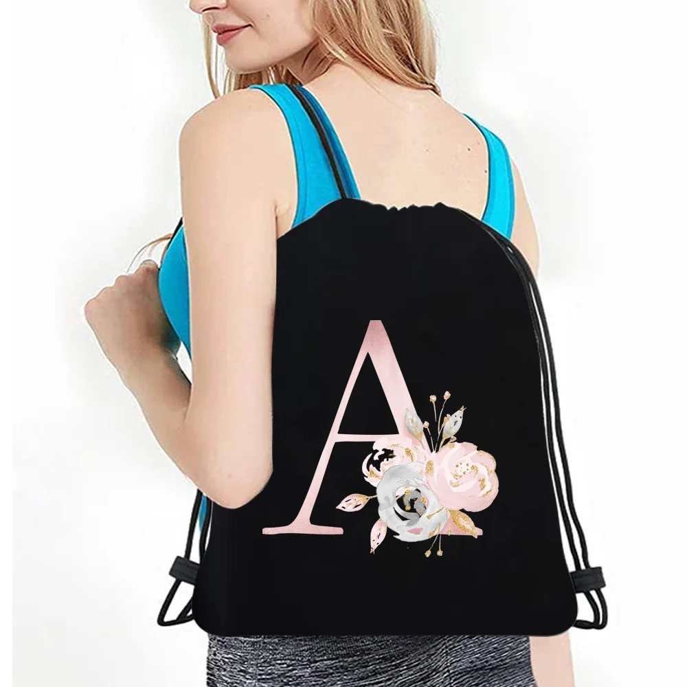 Sports Bag Canvas Drawstring Backpack Double Shoulder Bags 3 Women Travel Pink Flower Print Organizer Portable Knapsack Men 2024