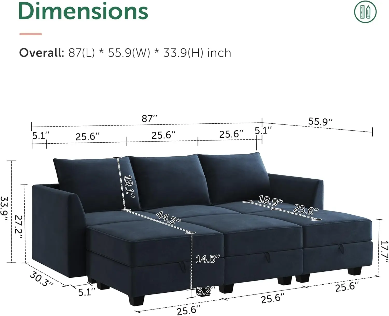 Sofá secional modular com assento de armazenamento Sofá secional de veludo com espreguiçadeira para sala de estar Azul escuro