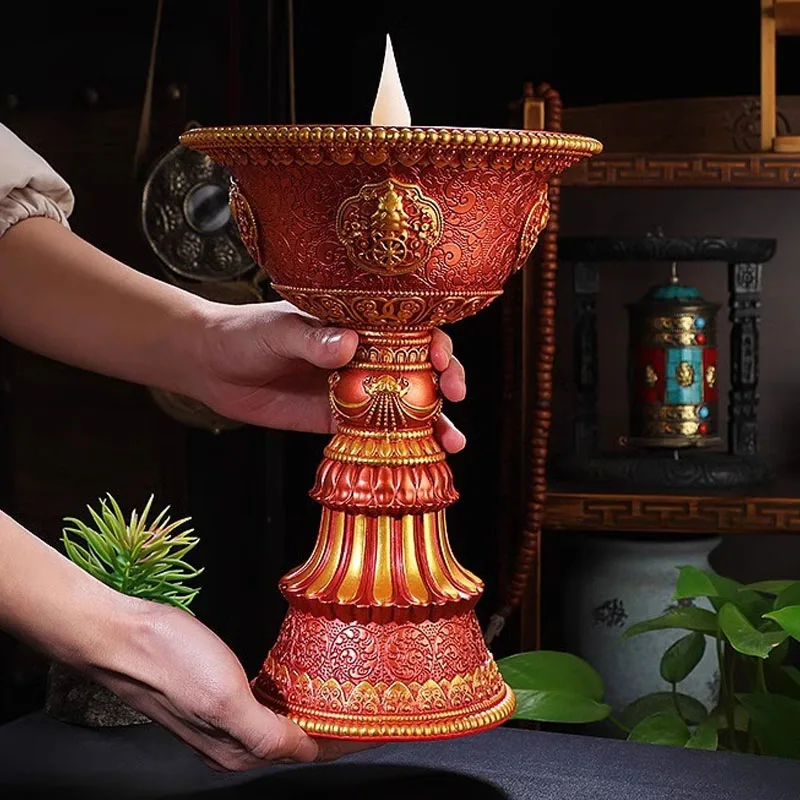 Rechargeable Tibet Butter Lamp, Buddhism Candle and Holder, 7Days Running Time, Warm White LED, Thailand Buddhist Light, 32-15cm