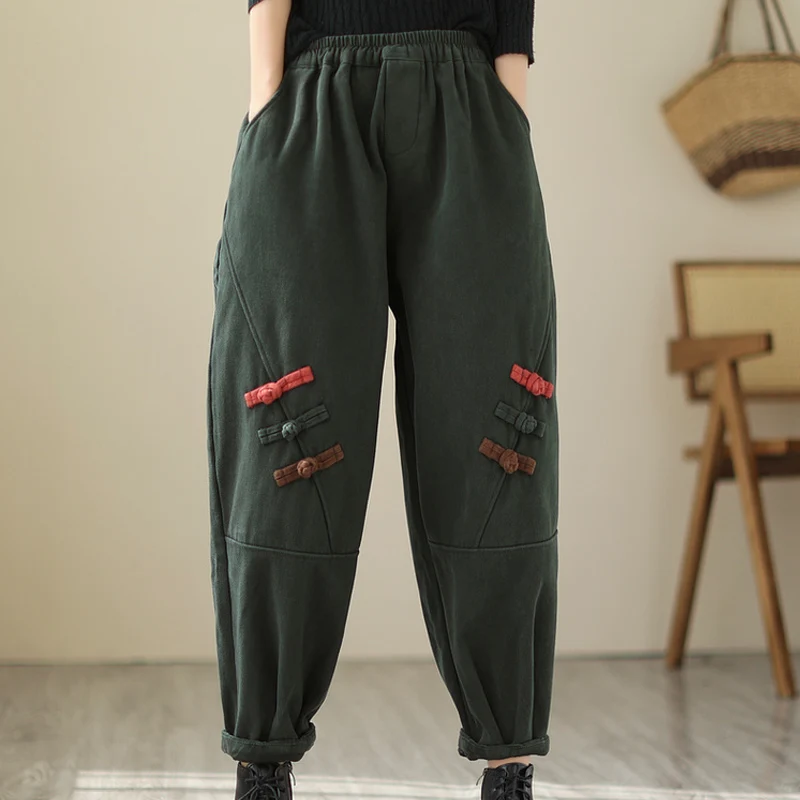 

Vintage Literary Buttons Plus Velvet Women Trousers 2024 New Winter Casual Loose Oversized Wide Leg Pants Thick Warm Harem Pants