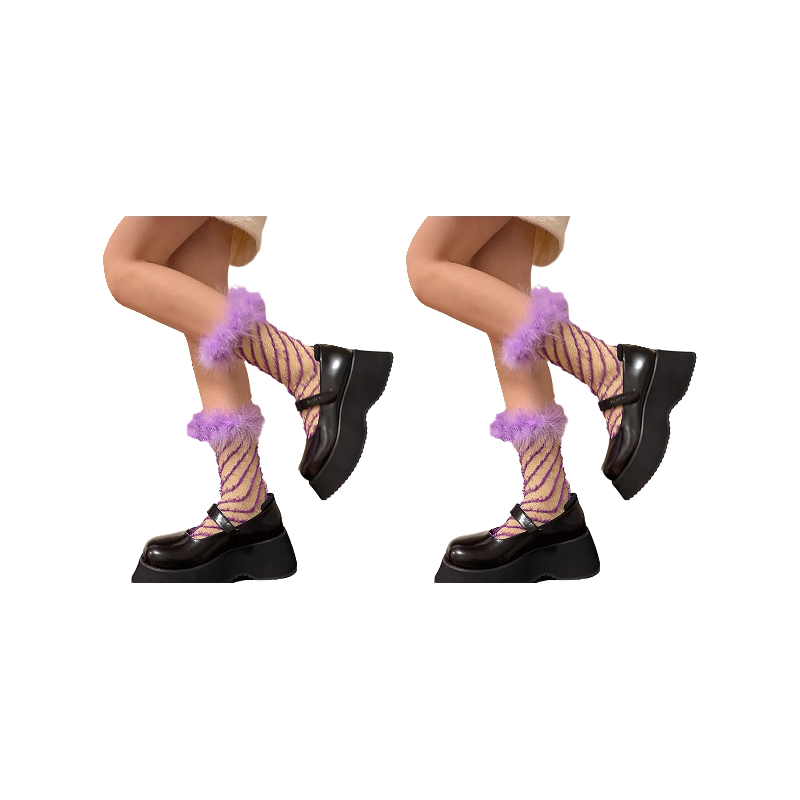 [Three colors available] Furry lace fashionable girl mid-calf socks set (1 pair each of purple/pink/black)
