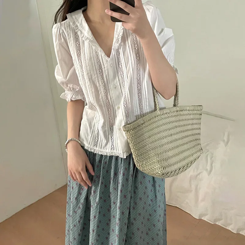 

Sweet Ele Lace Splicing Doll Collar Bubble Sve White irt Summer New Arrival Women's Casual Cotton Blouse Faionable...