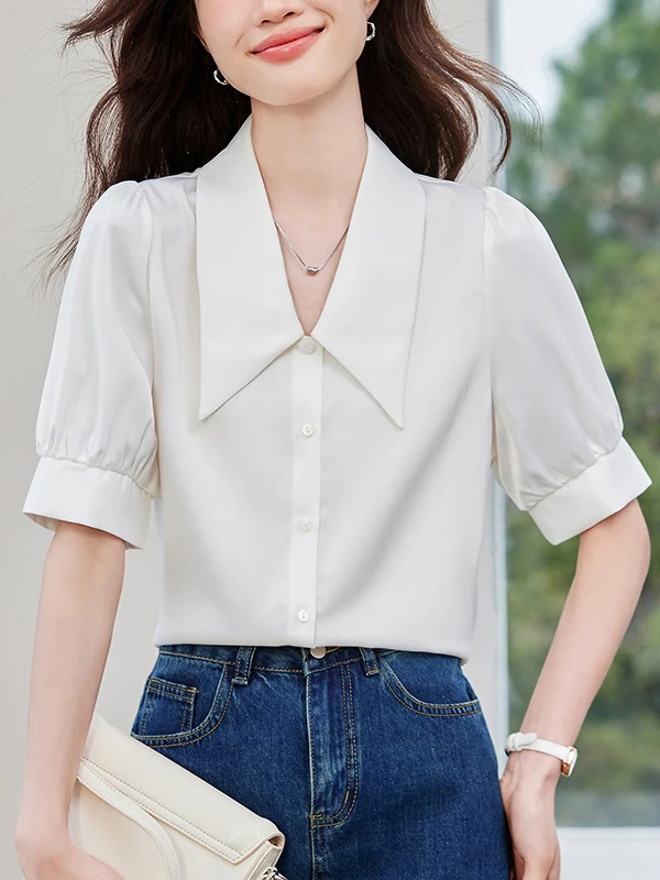 

Белая женская рубашка с рукавами-фонариками, свободного кроя, для офиса и деловых встреч, летняя коллекция 2026, из полиэфирного волокна, без бренда