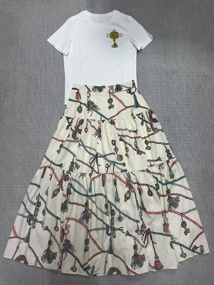 2026 Summer Women's Clothing Retro Geometric Print Knitted T-shirt Two-piece Set + Loose Smocked A-Line Skirt Fashion Suit