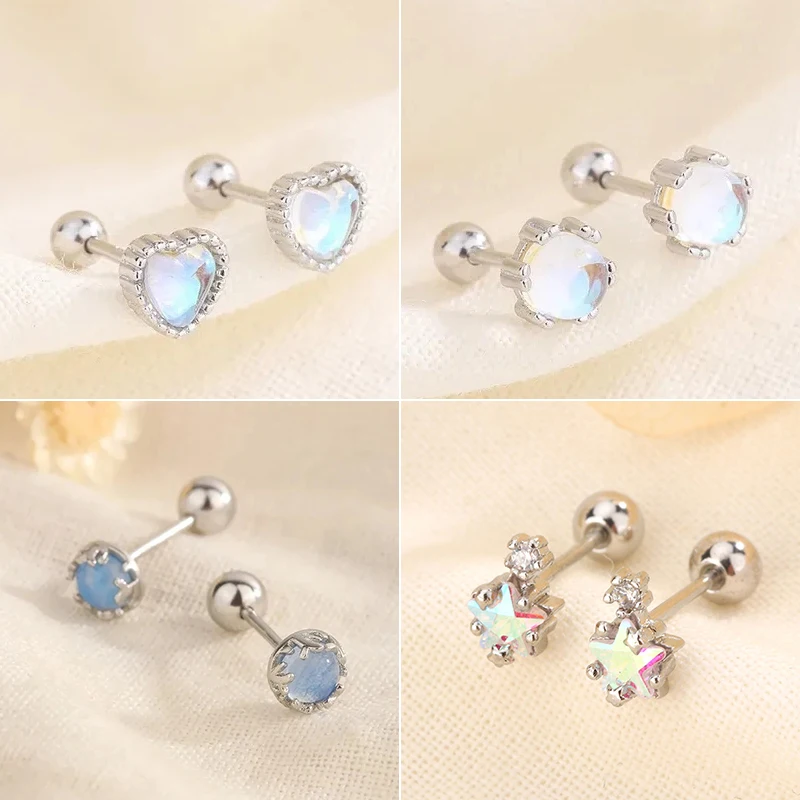 Creative Fashion Moonlight Stone Heart Screw Earrings For Women Girls Small Zircon Star Shiny Charm Wedding Jewelry Accessories