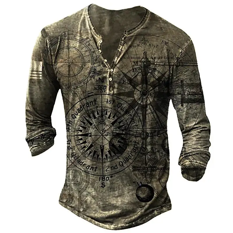 Vintage V-neck Henley Shirt Navigation 3d Gothic Long Sleeve T Shirt For Men 5xl Oversized Tops Tee Shirt Man Punk Streetwear