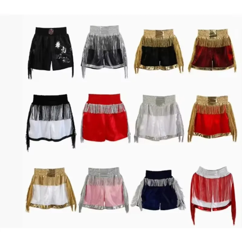 Boxing Shorts High Grade Muay Thai Shorts Men Women Kids Martial Arts MMA Clothes Gold Silver Tassels Fighting Kickboxing Shorts