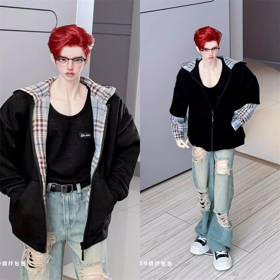BJD Doll Clothes Toys ID75 1/4 Handsome Casual Hoodie Patchwork Checked Base Coats Multi-color Daily Boys Girls Doll Accessories