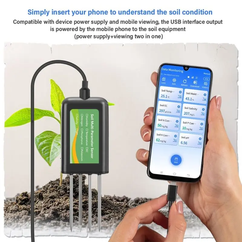 [NEWA76K!】 Smart Soil NPK Sensor 8 In 1 With EC Salinity Moisture Temp PH Tester Testing Function For Garden Planting APP Data L