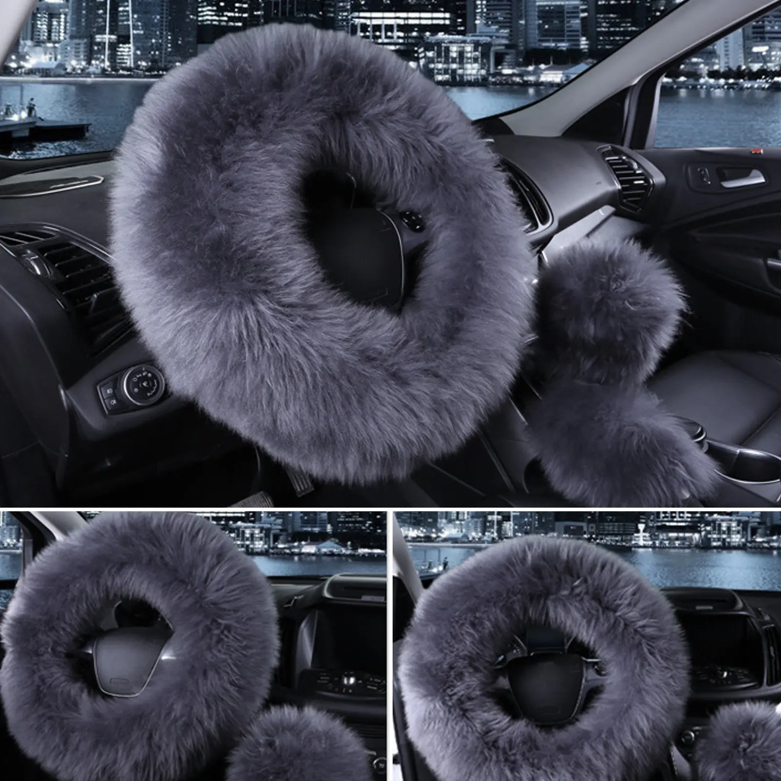 

3Pcs Car Steering Wheel Cover Set Grey Wool Winter Warm Gear Handbrake Protector Slip Resistant Wear Resistant Steering Wheel