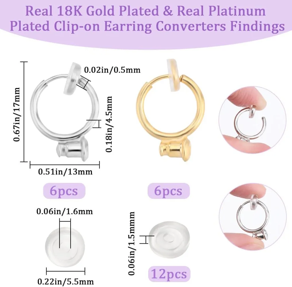 12Pcs Earring 18k Gold Platinum Plated Silver Clip-on Non-Pierced Earring Converters Findings with 12Pcs Silicone making kit