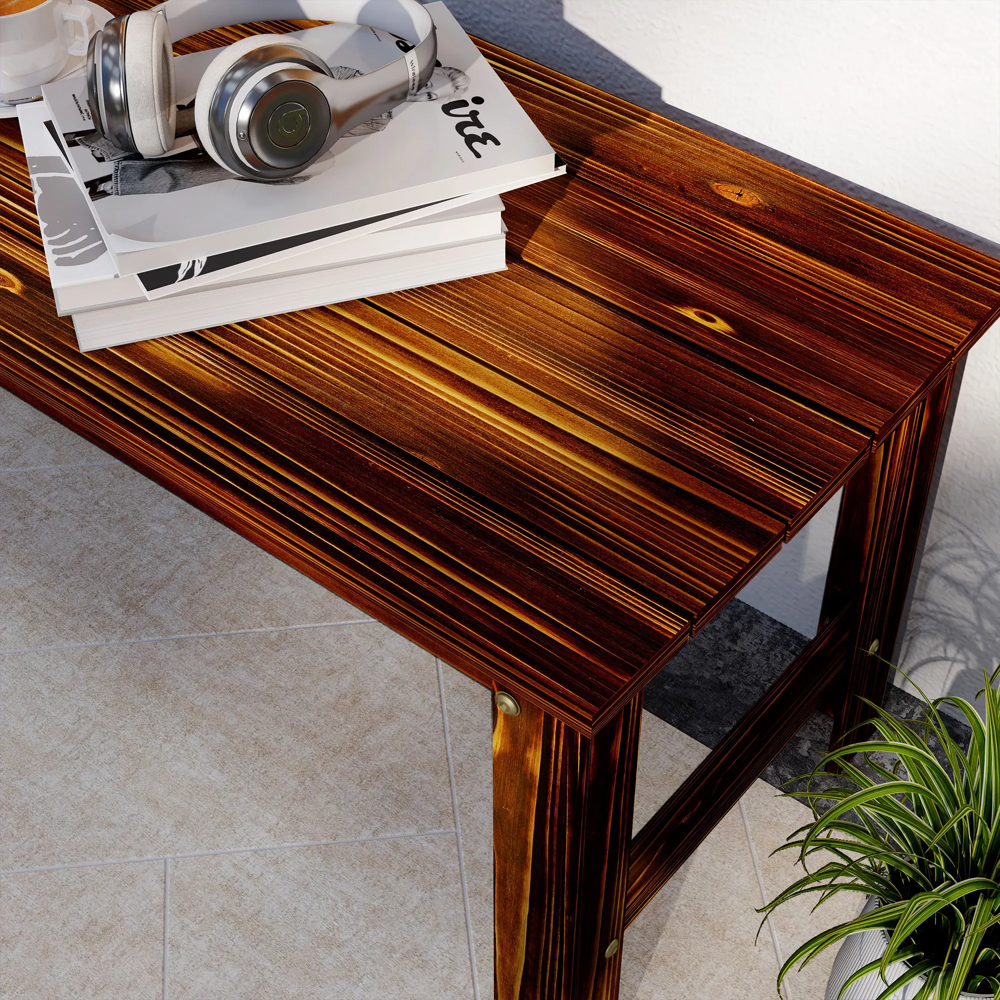 2-Seat Wood Garden Bench, Slated Patio Bench Outdoor Bench, Carbonized
