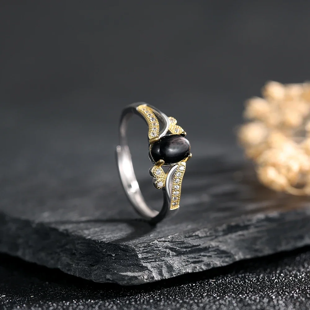 

Sterling 925 Silver Ring Natural Gemstone Black Hypersthene Luck Stone Adjustable Bands Handmade Boho Jewelry Gift