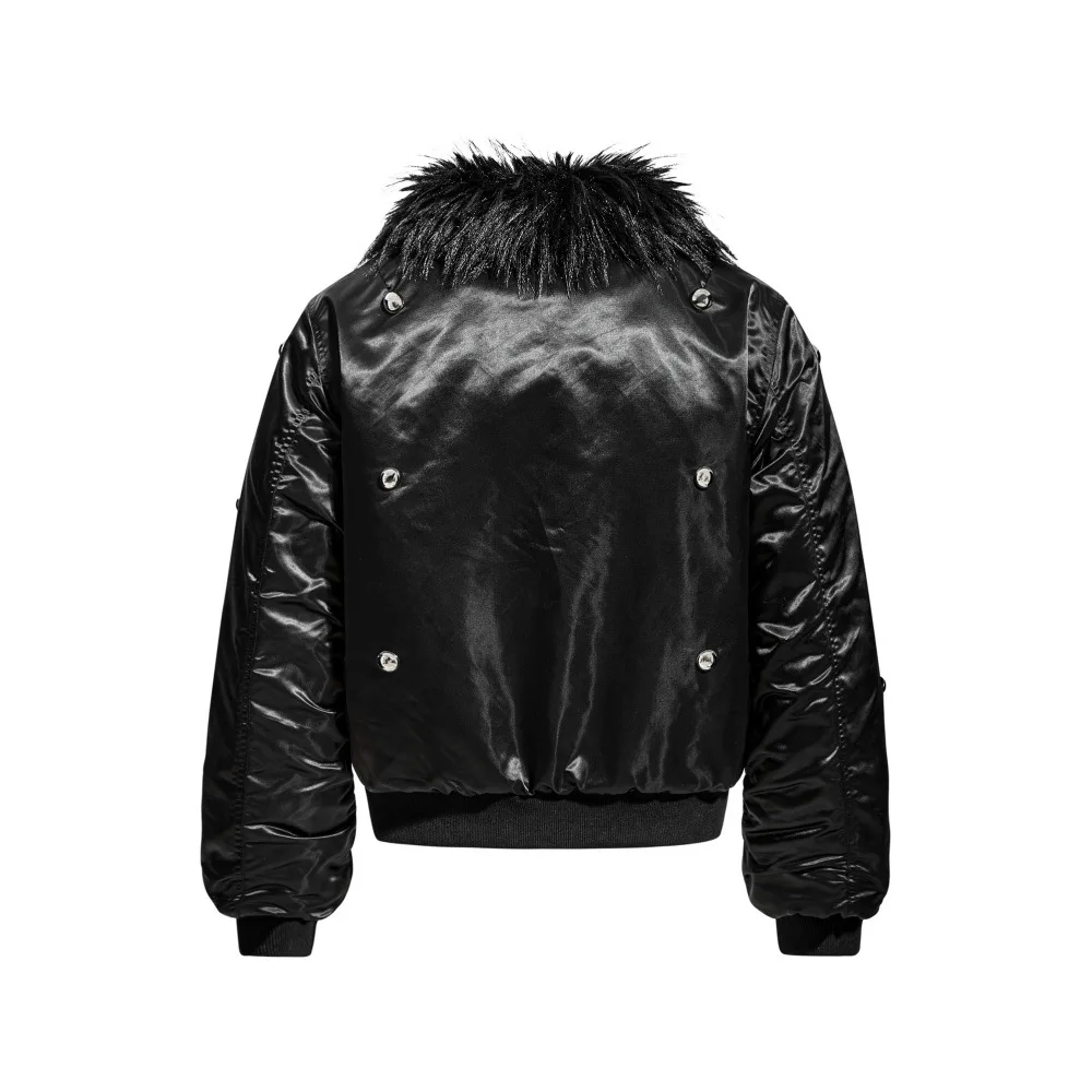 معطف مبطن بياقة من الفرو للرجال بتصميم معدني ثقيل، سترة هيب هوب عصرية بسحاب مزدوج للرجال