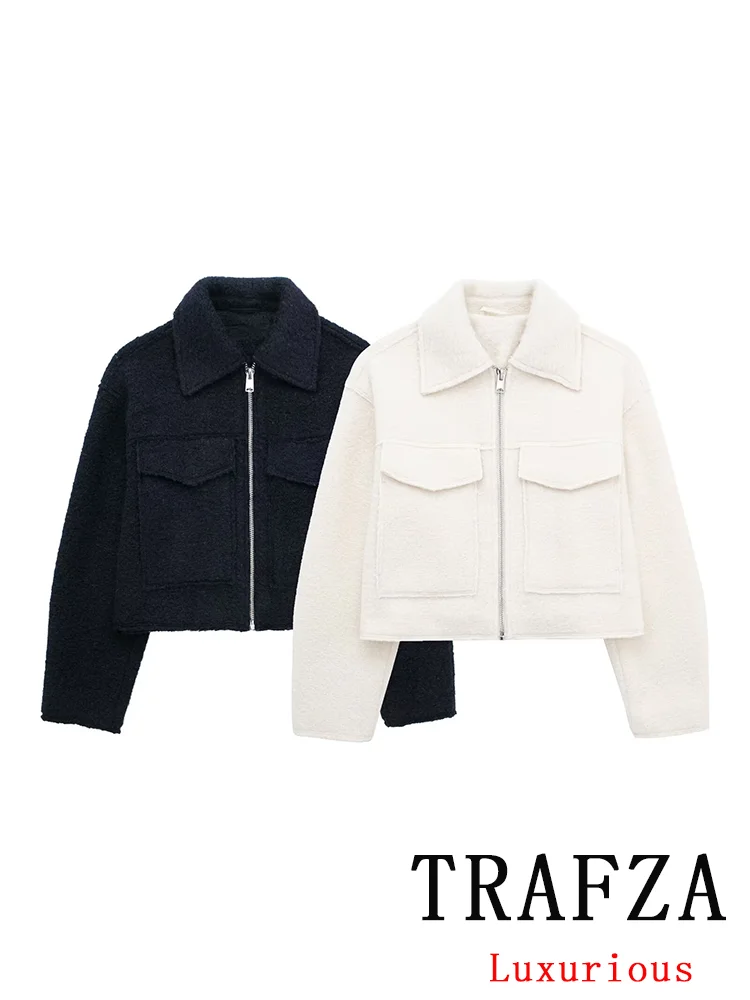 TRAFZA Vintage Casual Chic Solid Women Jackets Turn-down Collar Pockets Zipper Long Sleeve Coats New Fashion 2024 Spring Coats