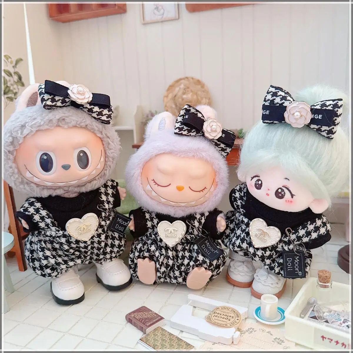 ﻿10cm Cute Idol Doll Clothes Kawaii British Grid Rompers Bow T-shirt 3Pcs Suit Kawaii Soft Kids Toys for Small Doll Girls Gifts