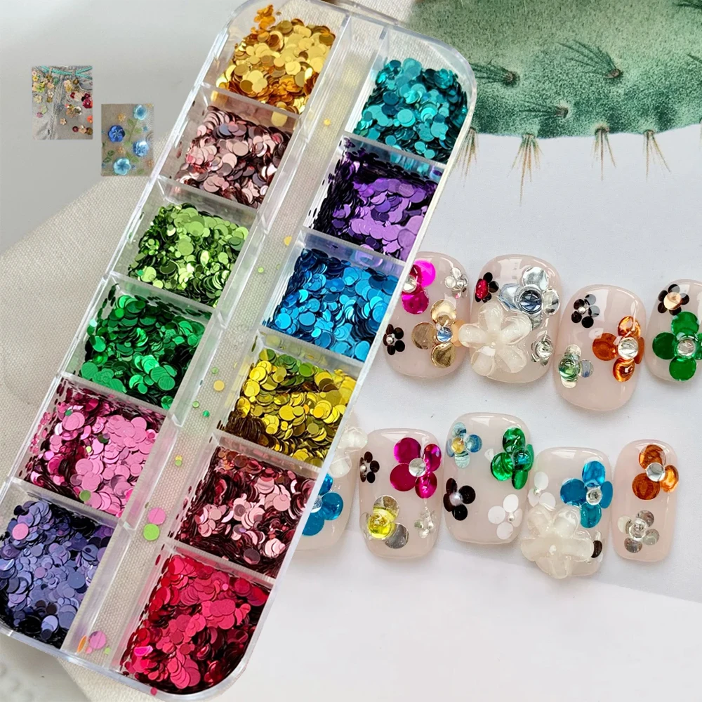 12 Grid Summer Ins Flower Round Nail Art Sequins 12 Colors Ultra Bright Metal Shine Round Shape Glitter Flakes Nail Art Supplies