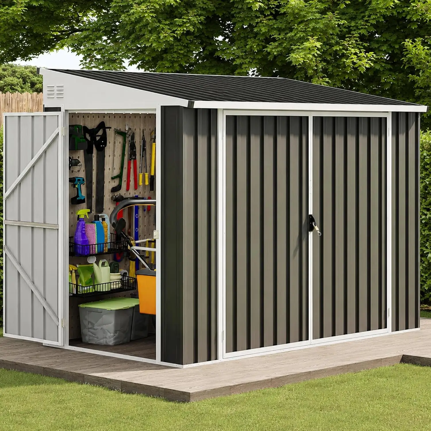 7x4 Ft 3 Door Storage Shed Lockable Metal Bike Dark Gray