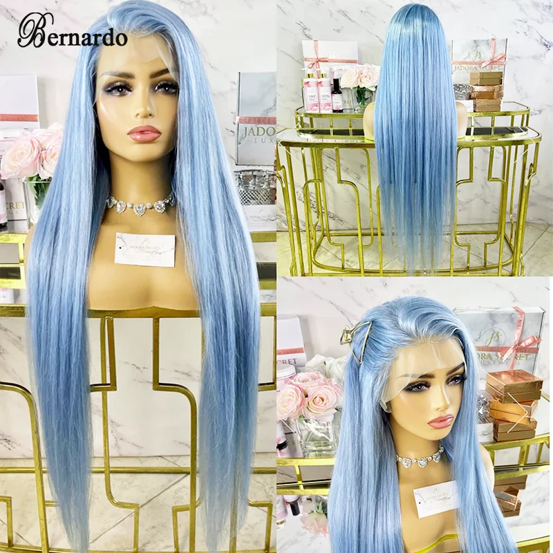 باروكة طويلة من الدانتيل الصناعي المستقيم للنساء ، جزء حر ، أزرق فاتح ، باروكة ناعمة ، ألياف مقاومة للحرارة ، باروكات تأثيري