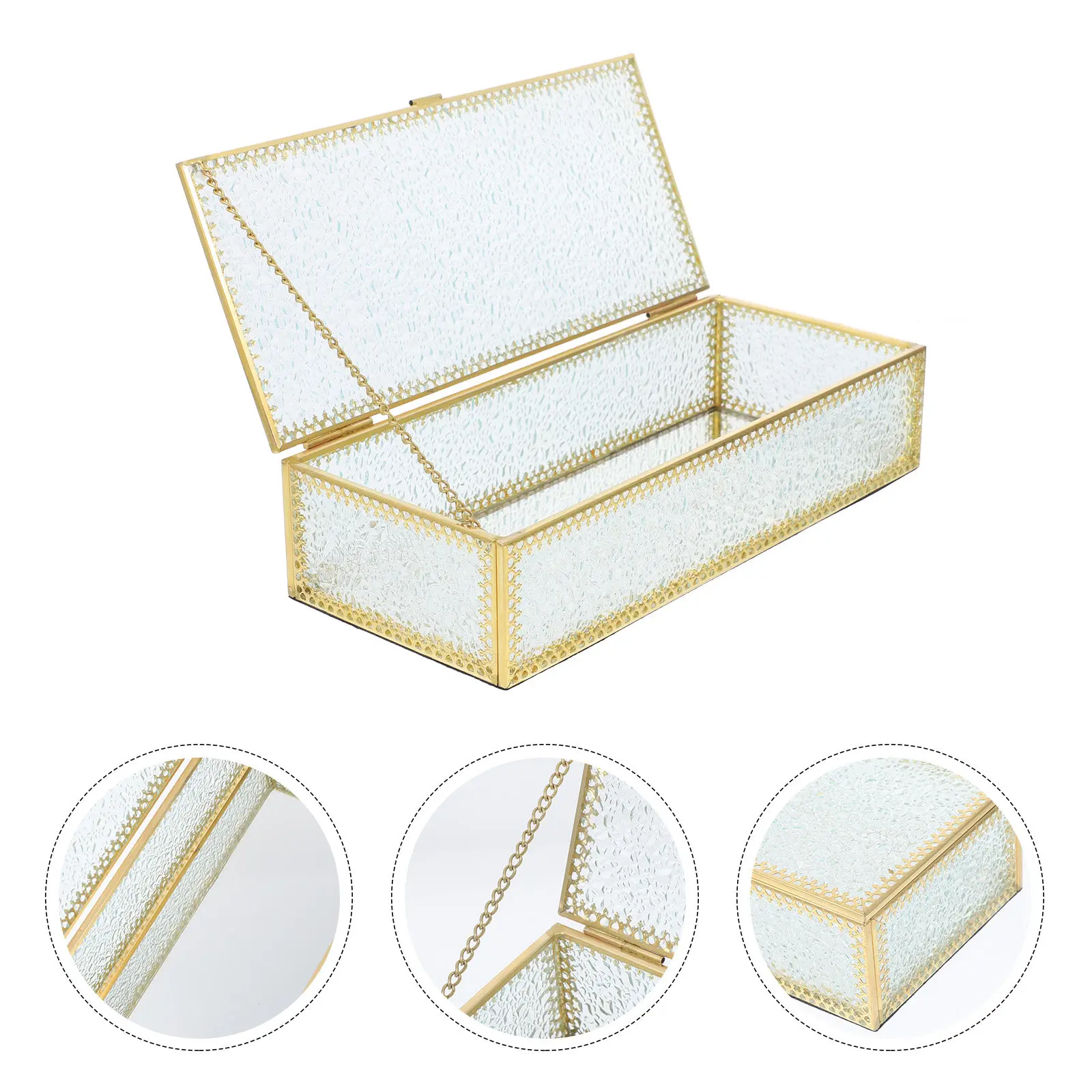 Square Glass Jewelry Box with Iron Frame Vintage Design Dust Proof Lid for Necklace Ring Earring Bracelet Storage Keepsake Gift