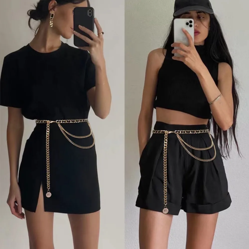 

Fashion Metal Waist Chain Round Flower Pendant Adjustable Women Waistband Chain Strap Rope Dress Shirt Decoration Waistband