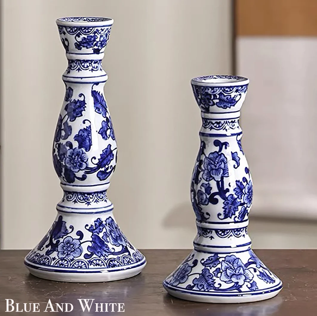 2pc Chinese feng shui traditional blue and white porcelain candle holder ceramics decorative dendritic candle Asian design