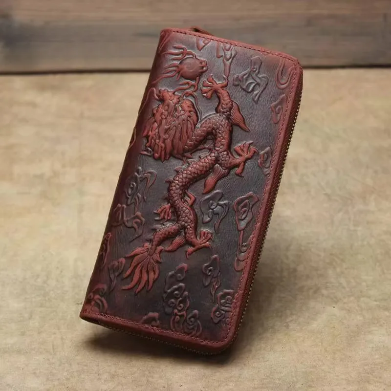 Unisex Dragon Embossed Card Wallet Oriental Style Leather Card Holder Handmade Retro Exquisite Craft MOTAORA