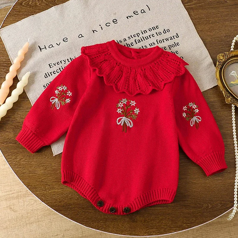 

Новинка 2023 года, осенний вязаный комбинезон для маленьких девочек, вязаные боди с длинными рукавами и цветочной вышивкой для новорожденных девочек