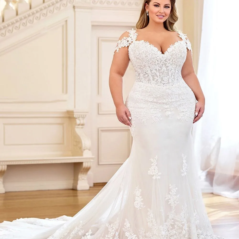 Personalizado sereia plus size vestidos de casamento mangas boné rendas apliques igreja país vestidos de noiva