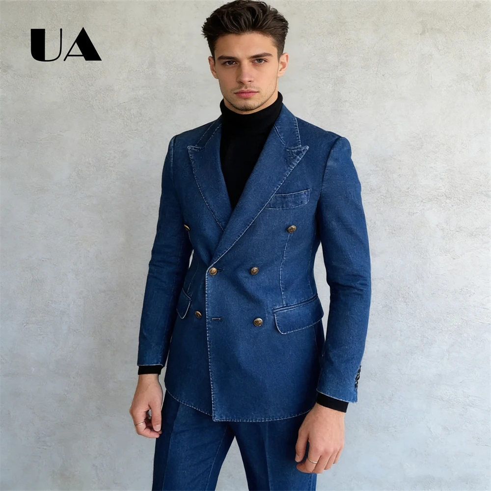 

Men's Trendy Suit, Double Row Jacket Pants Set, Denim Blue Casual Smart Suit Set Daily Wear for Men XS-4XL ULBYANRY