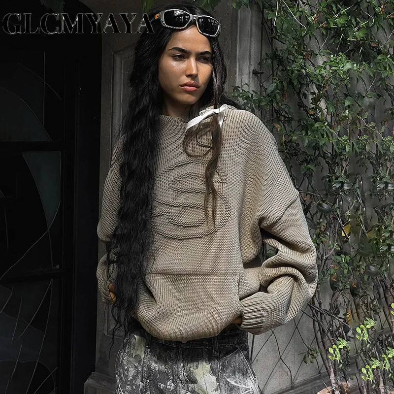 GLCMYAYA Women American Retro LOOSE Letter Pockets Hooded Sweatshirts 2023 INS Streetwear Fashion Basics Long Sleeve Hoodies