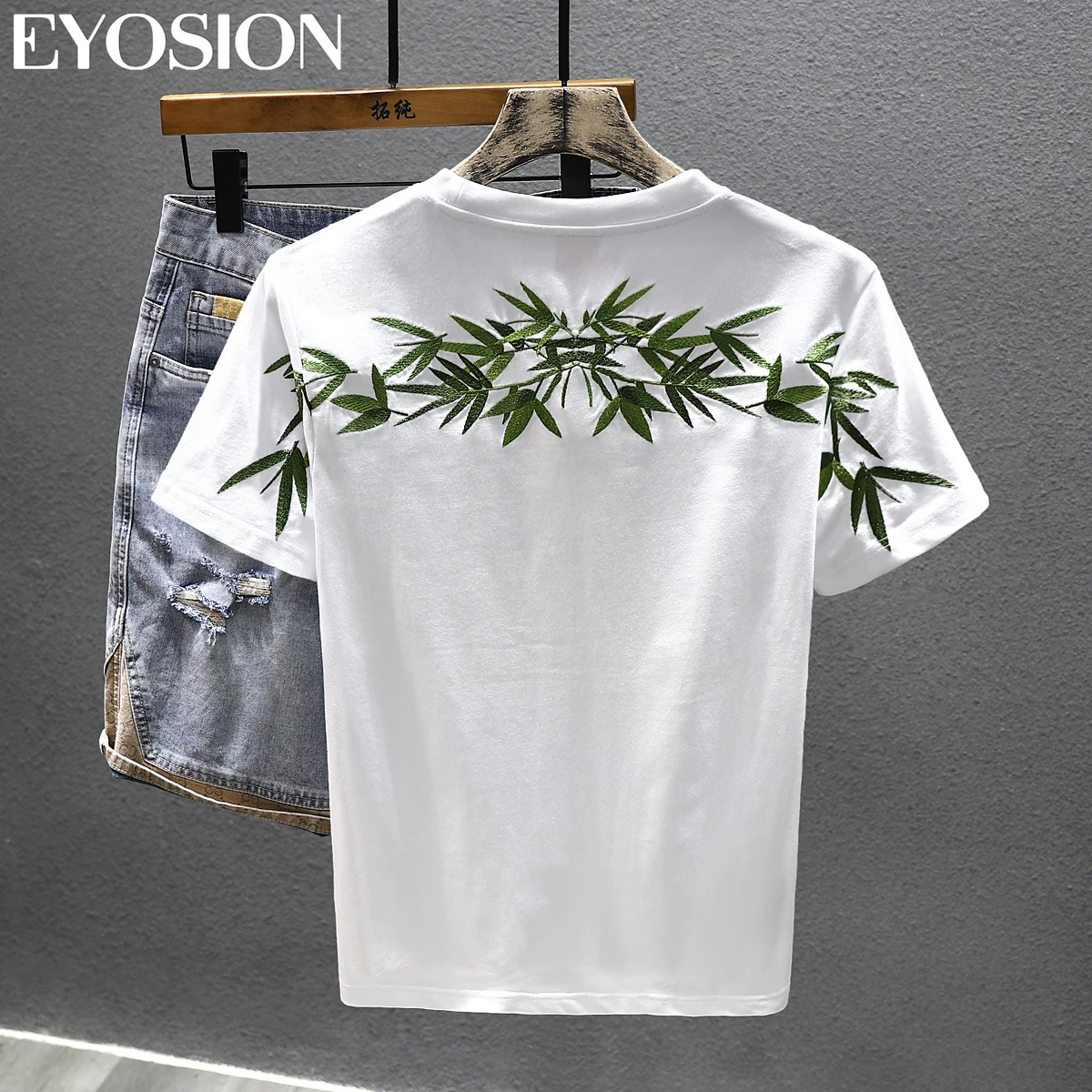 New Summer T-shirt for Men's Retro Chinese Bamboo Embroidery Print Casual Short Sleeve Slim Fit Round Neck Tee Top Plus Size