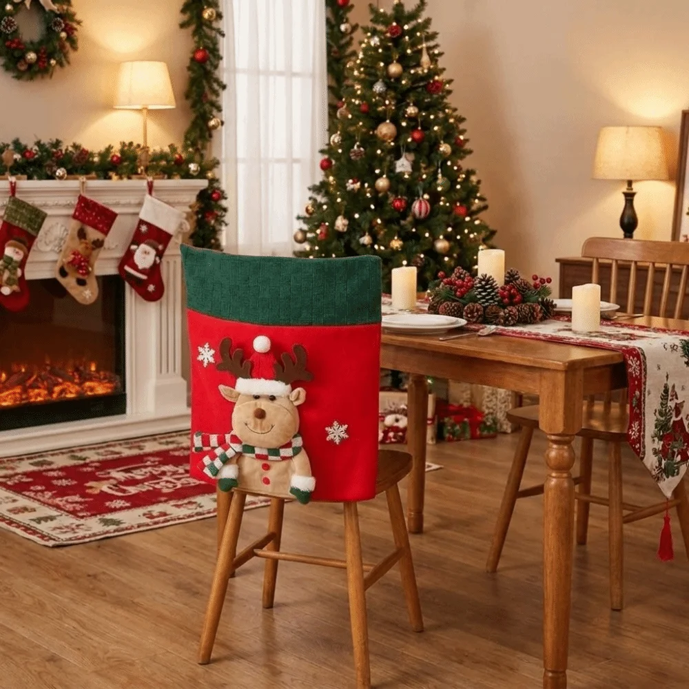 Snowman Christmas Chair Cover Elk Chair Protector Xmas Dinner Chair Seat Cover Easy Application Santa