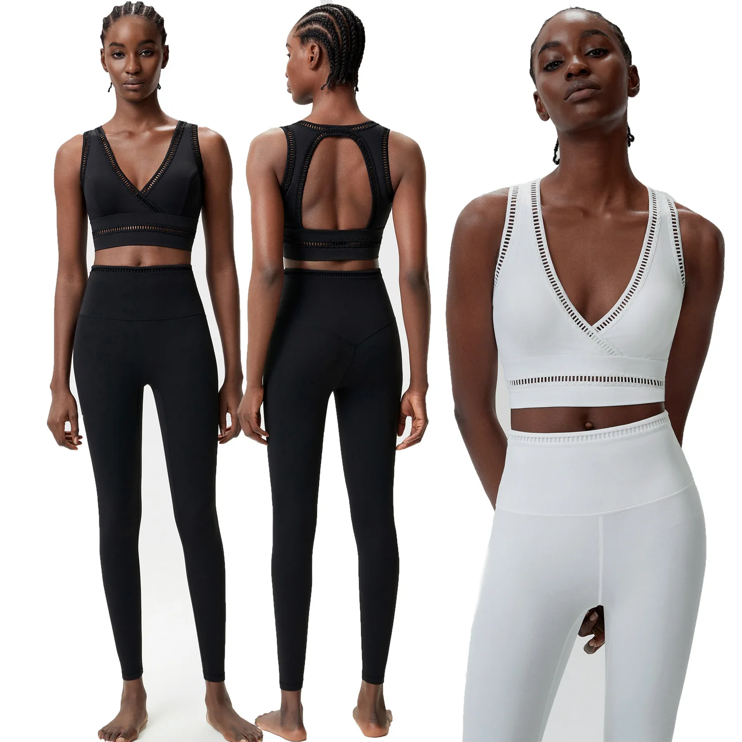 Women 2‑Pcs Yoga Set Deep V Hollow Beautiful Back High Support Sports Bra & High Waist Leggings for Pilates Gym Fitness Workout