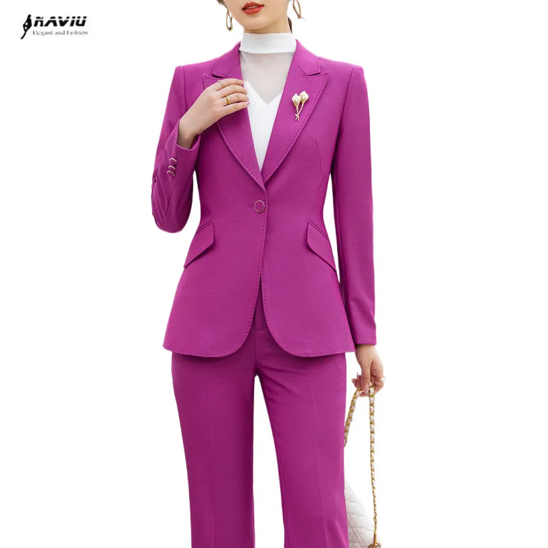 

NAVIU Two Pieces Set Size Formal Work Wear Career Blazer Coat With Pant Set Suits Purple Pink Blue Women Pant Suit