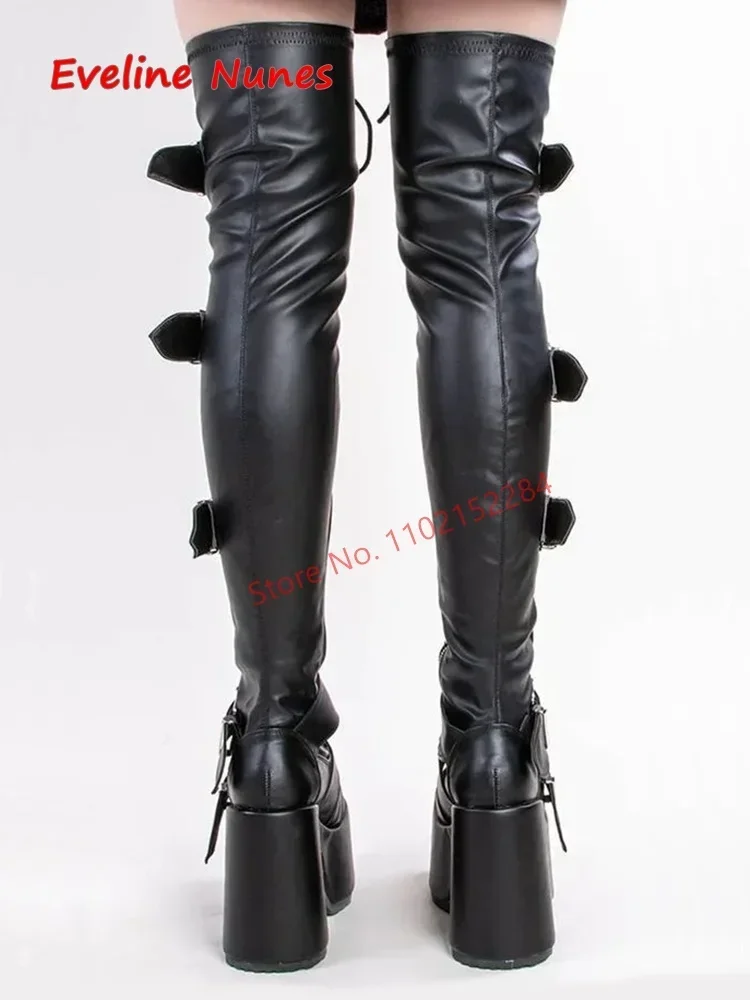 Pink Platform Over The Knee Boots Women\'s Luxury Brand Leather Round Toe Chunky Heel Fashion Plus Size Sexy Elastic Shoes
