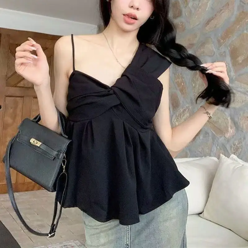 Irregular Off Shoulder Camisole Shirt Temperament Sleeveless Short Top Blusas Mujer Sexy Blouse White Tanks