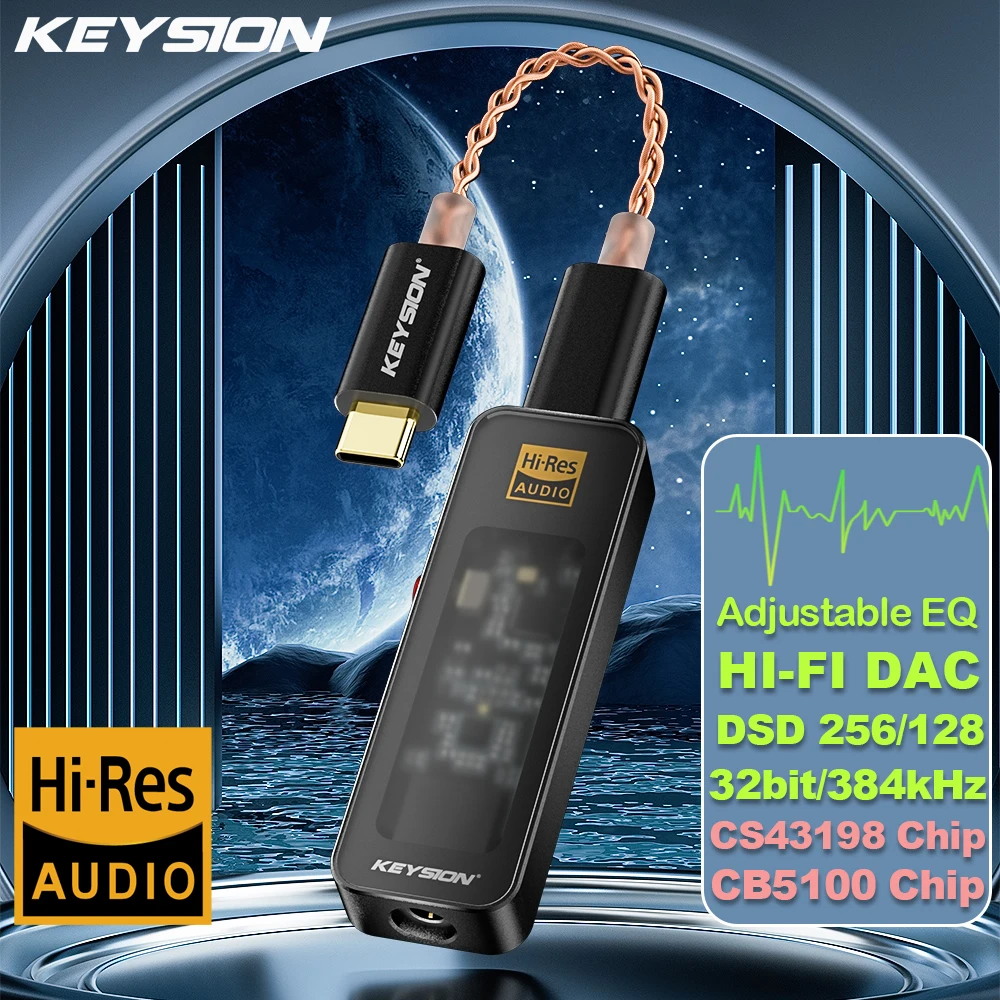 KEYSION CS43198 USB DAC Audio HiFi Decoder 384KHz DSD256 Type-C to 3.5mm Adjust EQ HD Headphone Amplifier for Android iOS Win10