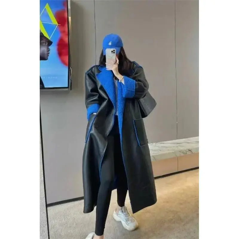 เสื้อโค้ทตัวยาวสำหรับผู้หญิง สไตล์เกาหลี สำหรับฤดูใบไม้ร่วงและฤดูหนาว ขนเฟอร์ อุ่นสบาย เหมาะสำหรับสาวออฟฟิศ แฟชั่น ปกพับได้ ใส่ได้สองด้าน